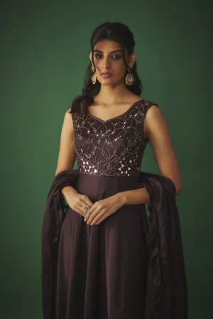 WINE MIRROR EMBROIDERED ANARKALI WITH RUFFLE DUPATTA