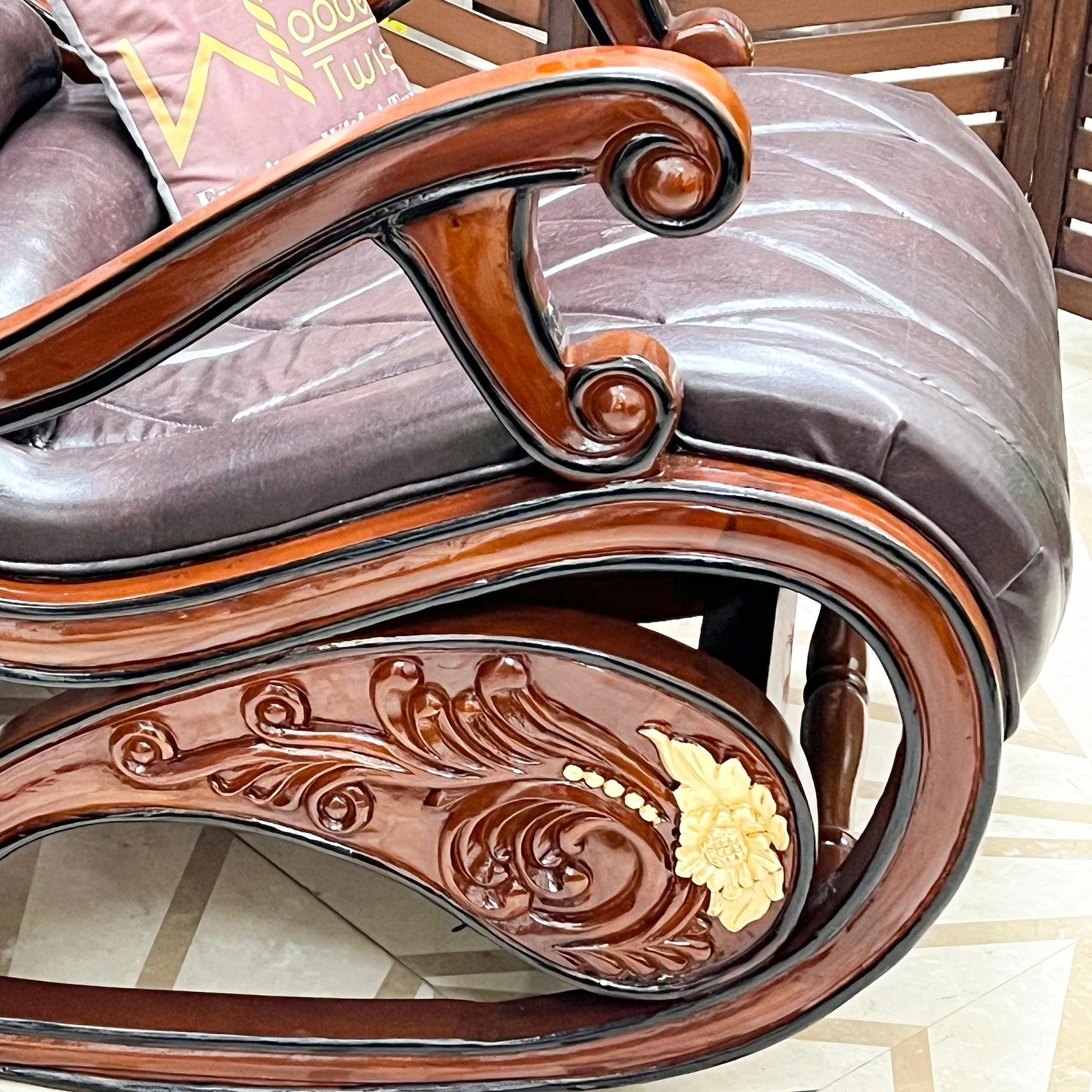 Wooden Twist Vintage Hand Carved Teak Wood Antique Rocking Chair