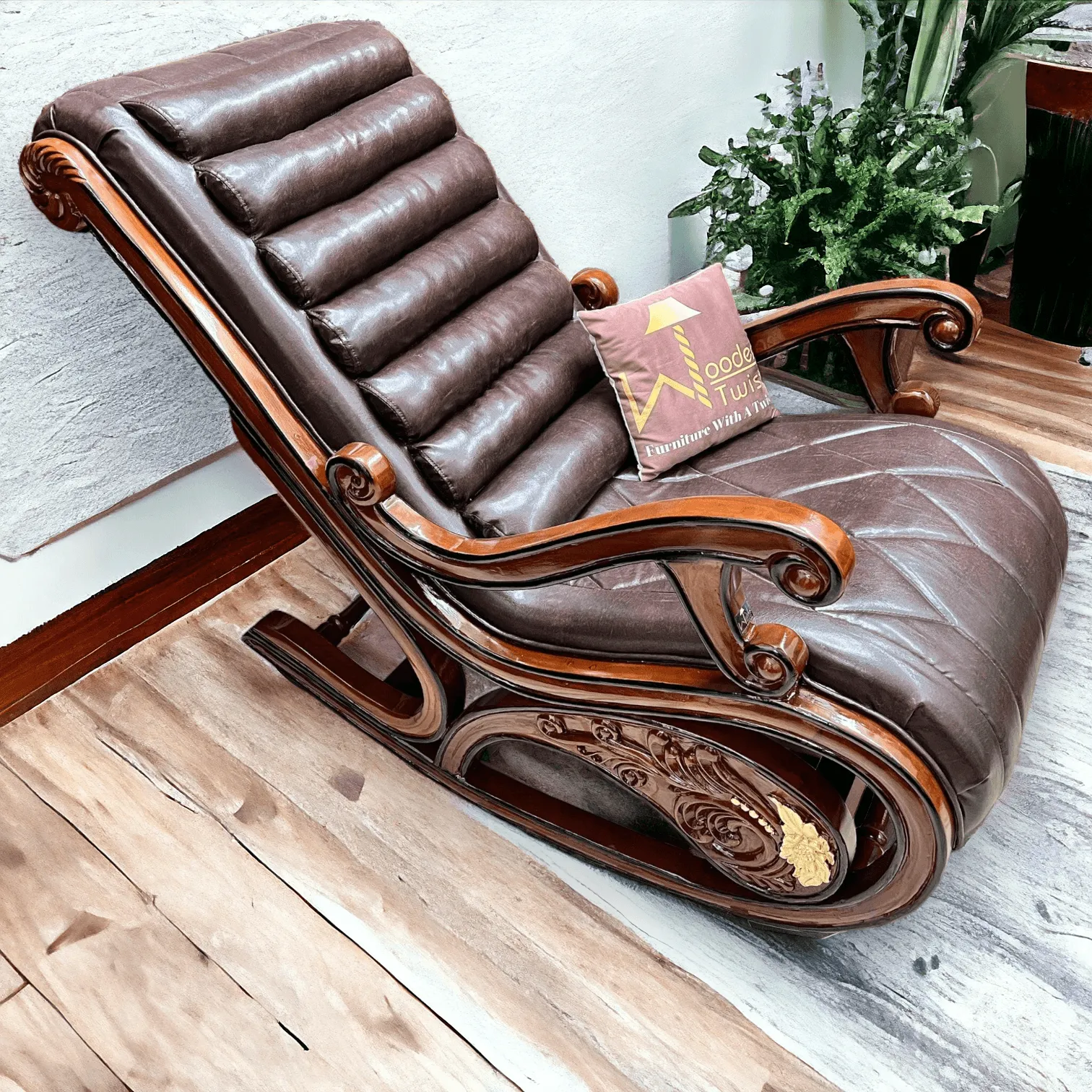 Wooden Twist Vintage Hand Carved Teak Wood Antique Rocking Chair