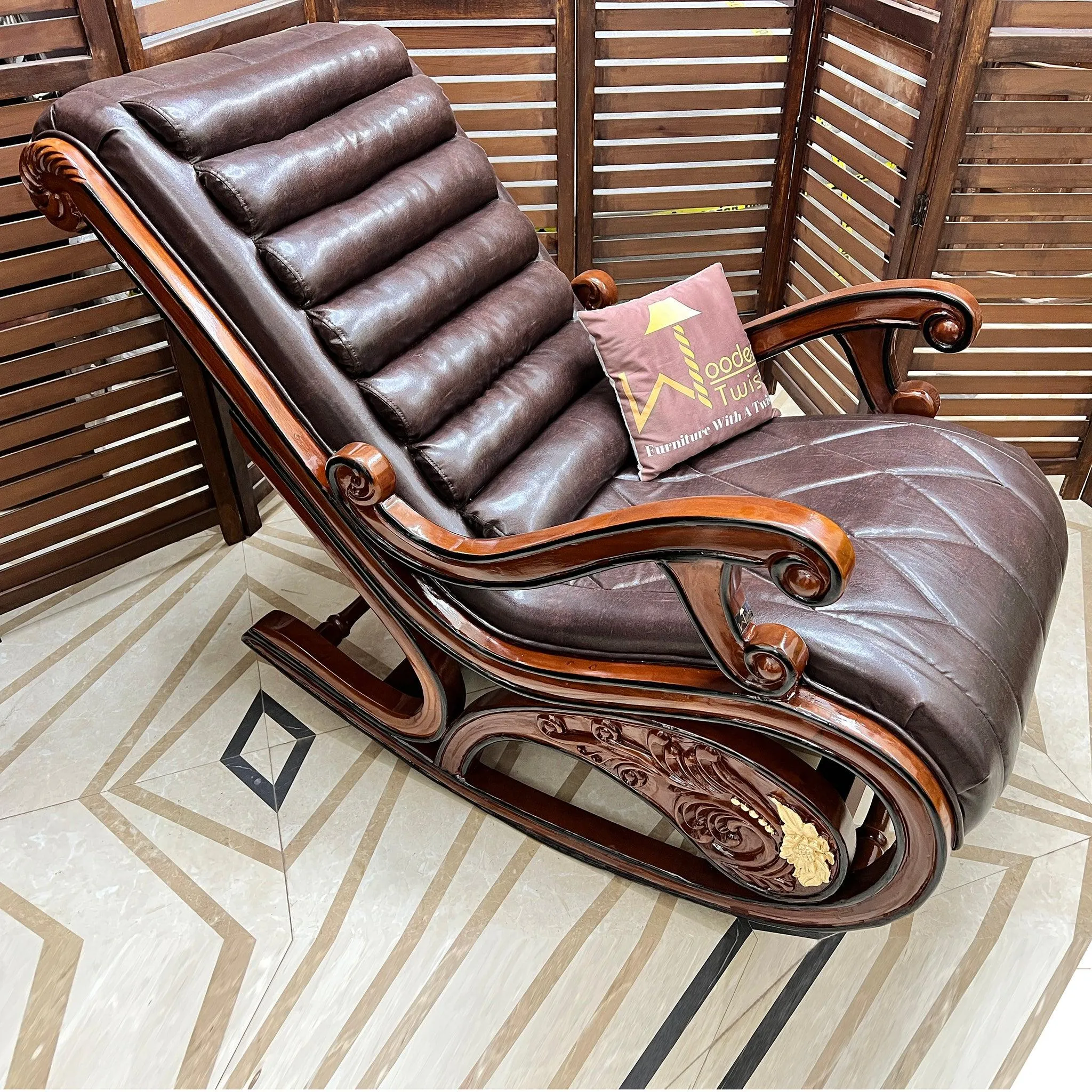 Wooden Twist Vintage Hand Carved Teak Wood Antique Rocking Chair