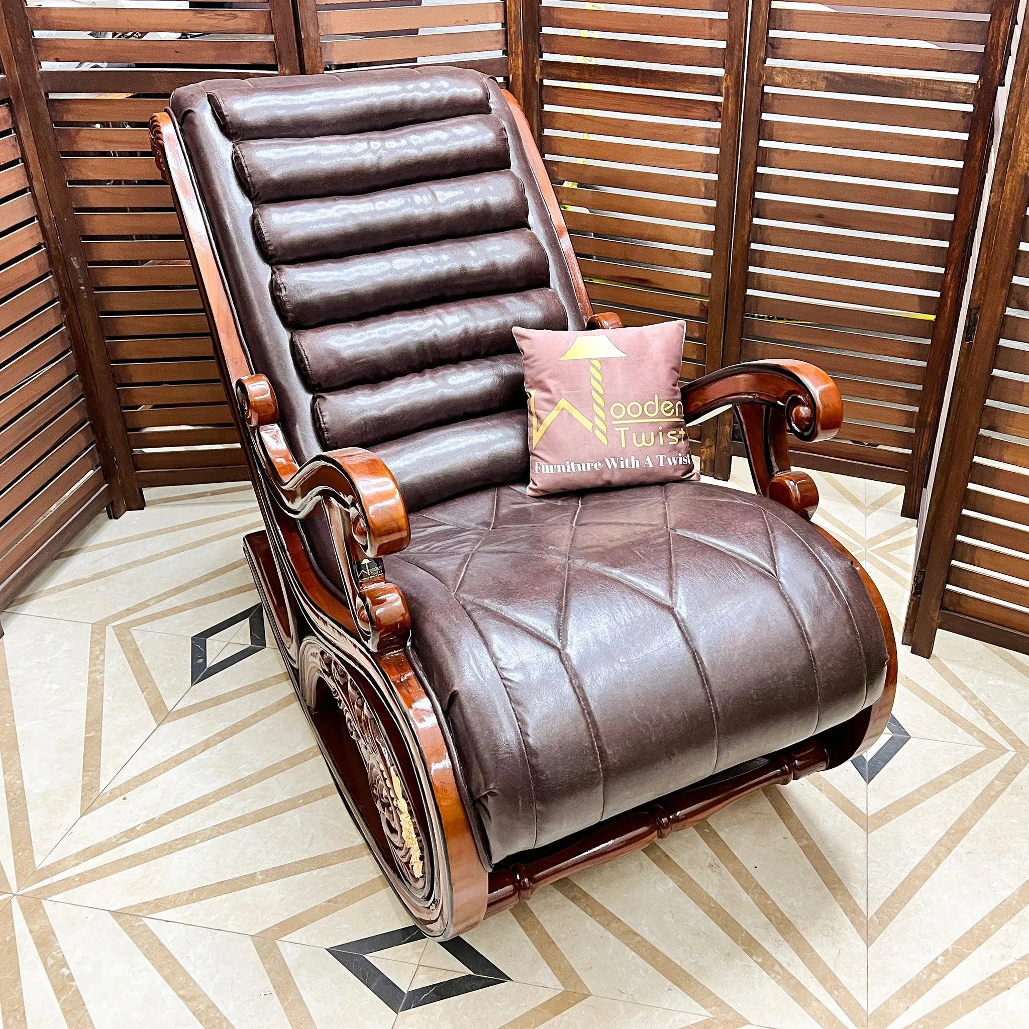 Wooden Twist Vintage Hand Carved Teak Wood Antique Rocking Chair