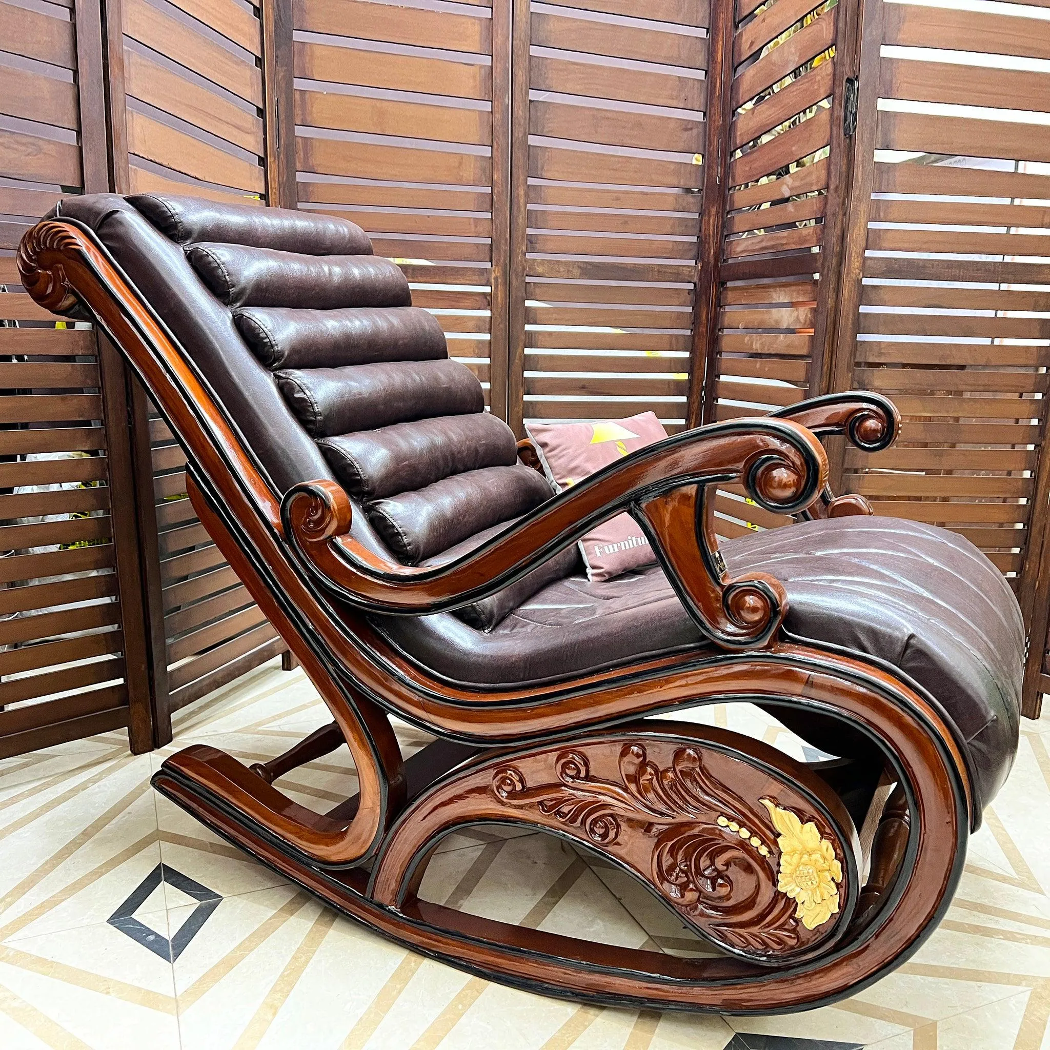 Wooden Twist Vintage Hand Carved Teak Wood Antique Rocking Chair