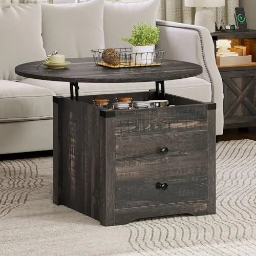 YITAHOME Round Coffee Table, Lift Top Coffee Table for Living Room, Circle Coffee Table with 2 Drawers, Center Table with Storage, Farmhouse Coffee Table Round Dining Table, Dark Rustic Oak