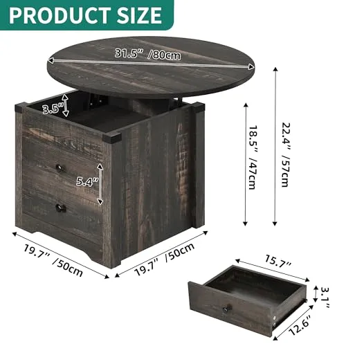 YITAHOME Round Coffee Table, Lift Top Coffee Table for Living Room, Circle Coffee Table with 2 Drawers, Center Table with Storage, Farmhouse Coffee Table Round Dining Table, Dark Rustic Oak