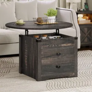 YITAHOME Round Coffee Table, Lift Top Coffee Table for Living Room, Circle Coffee Table with 2 Drawers, Center Table with Storage, Farmhouse Coffee Table Round Dining Table, Dark Rustic Oak