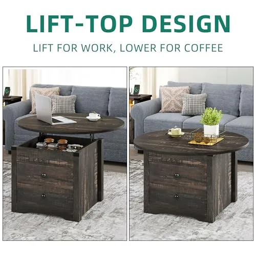 YITAHOME Round Coffee Table, Lift Top Coffee Table for Living Room, Circle Coffee Table with 2 Drawers, Center Table with Storage, Farmhouse Coffee Table Round Dining Table, Dark Rustic Oak