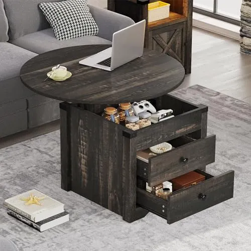 YITAHOME Round Coffee Table, Lift Top Coffee Table for Living Room, Circle Coffee Table with 2 Drawers, Center Table with Storage, Farmhouse Coffee Table Round Dining Table, Dark Rustic Oak